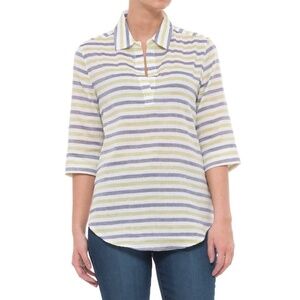 Lilla P Striped Popover Shirt Elbow Sleeve Blouse